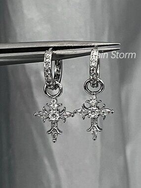 MOS COLLECTION Silver Cross Drop Hoop Earrings CZ Gothic Cross Dangle Earrings